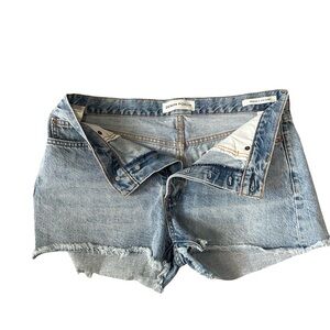 Denim Forum Blue Jean Shorts with Frayed Hem and Relaxed Fit